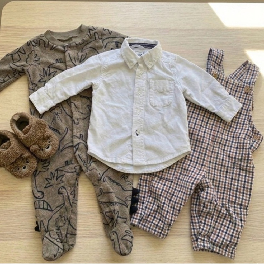 Baby Boy Bundle 6-12M Little Planet Overalls Carter’s Dino Fleece & Bear Booties